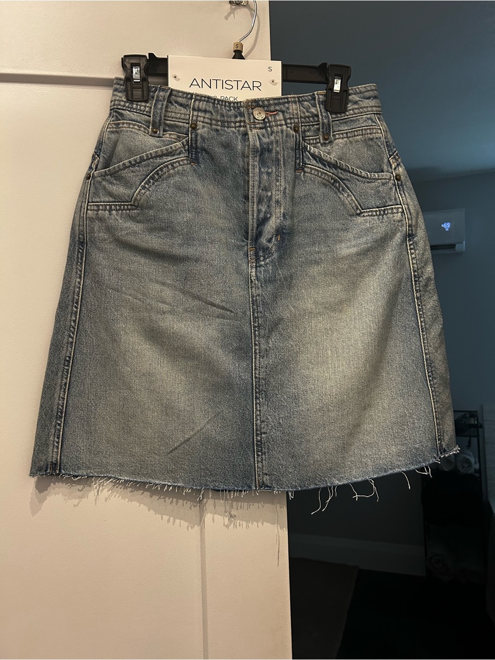 Free People Light Blue Denim Midi Skirt with Frayed Hem